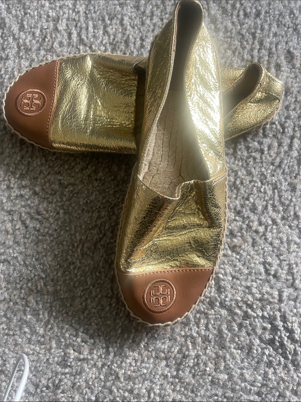 Tory Burch Metallic Gold Leather Espadrille Flats with Brown Toe Cap